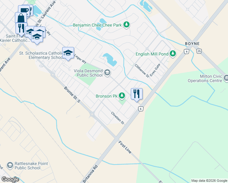 map of restaurants, bars, coffee shops, grocery stores, and more near 240 Etheridge Avenue in Milton