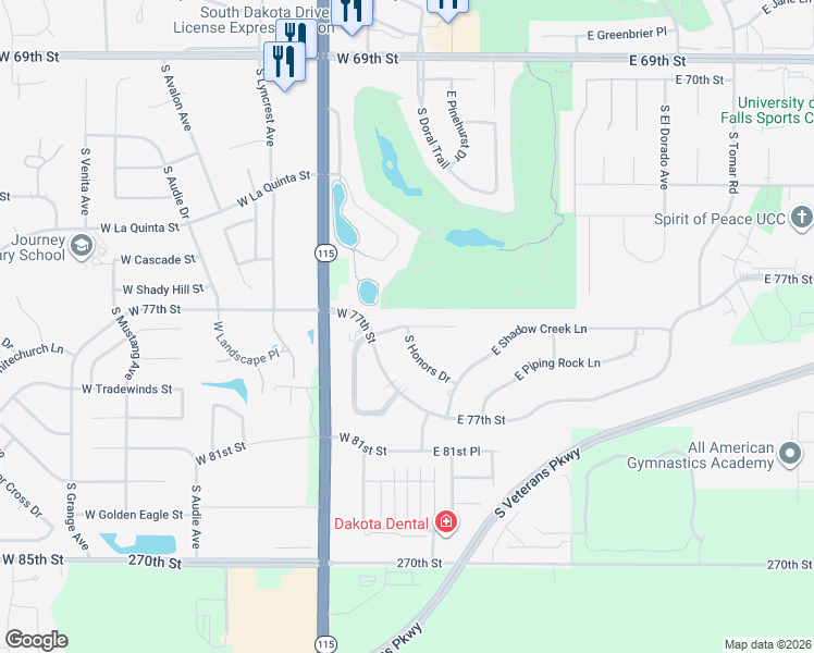 map of restaurants, bars, coffee shops, grocery stores, and more near 200 East Honors Circle in Sioux Falls
