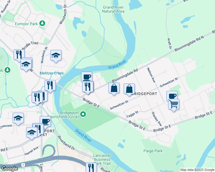 map of restaurants, bars, coffee shops, grocery stores, and more near 58 Bloomingdale Road North in Kitchener