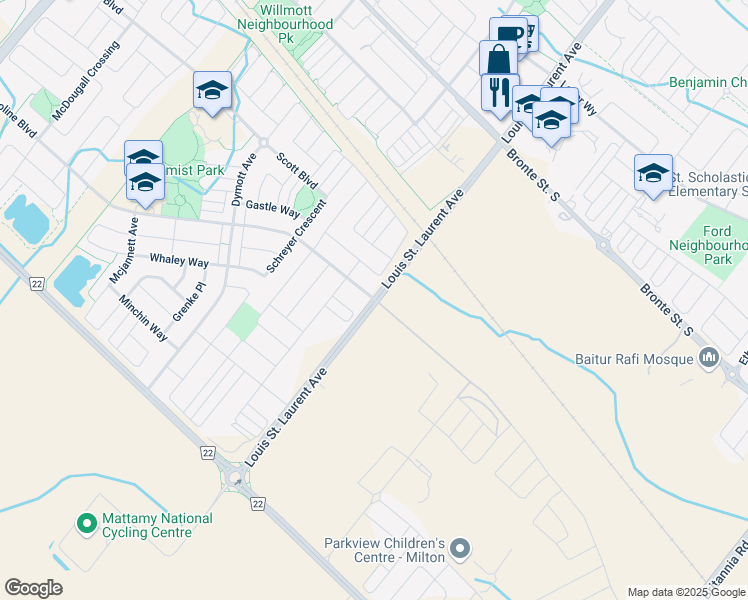 map of restaurants, bars, coffee shops, grocery stores, and more near Louis Saint Laurent Ave & Savoline Boulevard in Milton