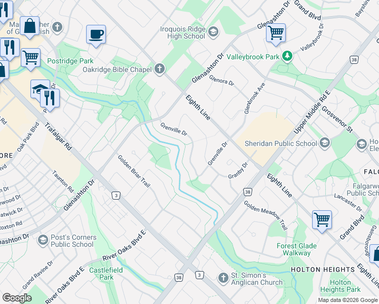 map of restaurants, bars, coffee shops, grocery stores, and more near 2134 Grenville Drive in Oakville