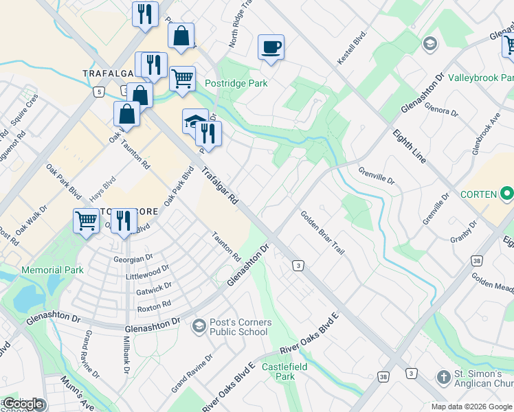 map of restaurants, bars, coffee shops, grocery stores, and more near 338 Riverstone Drive in Oakville