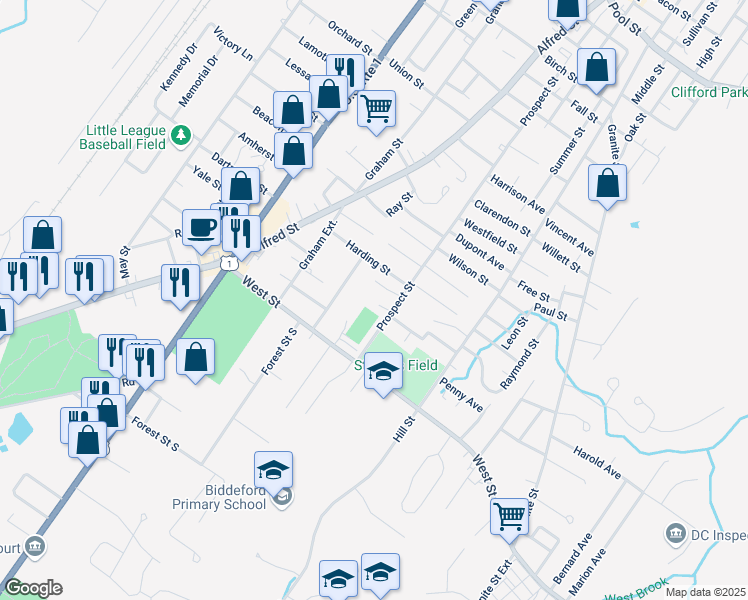 map of restaurants, bars, coffee shops, grocery stores, and more near 168 Prospect Street in Biddeford