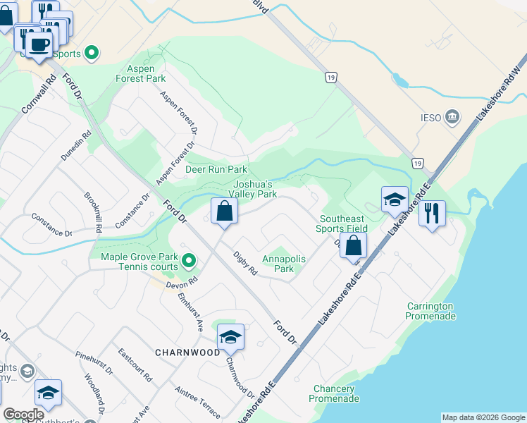 map of restaurants, bars, coffee shops, grocery stores, and more near 2304 Devon Road in Oakville