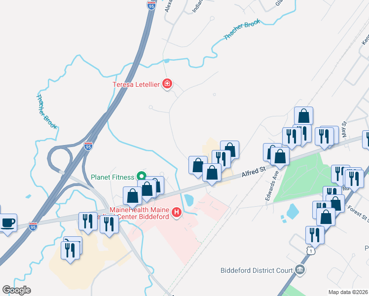 map of restaurants, bars, coffee shops, grocery stores, and more near 26 Barra Road in Biddeford