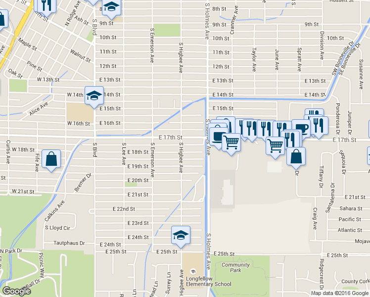 map of restaurants, bars, coffee shops, grocery stores, and more near 1775 South Higbee Avenue in Idaho Falls
