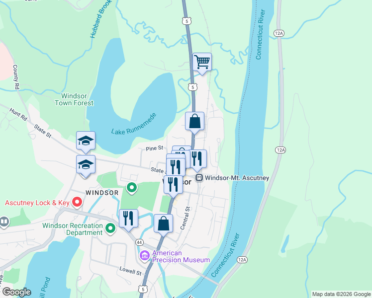 map of restaurants, bars, coffee shops, grocery stores, and more near 44 Main Street in Windsor