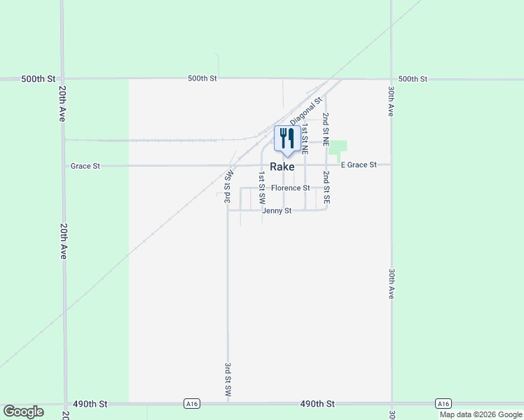 map of restaurants, bars, coffee shops, grocery stores, and more near 411 Jenny Street in Buffalo Center
