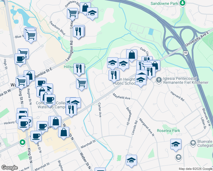 map of restaurants, bars, coffee shops, grocery stores, and more near 262 Northcrest Place in Waterloo