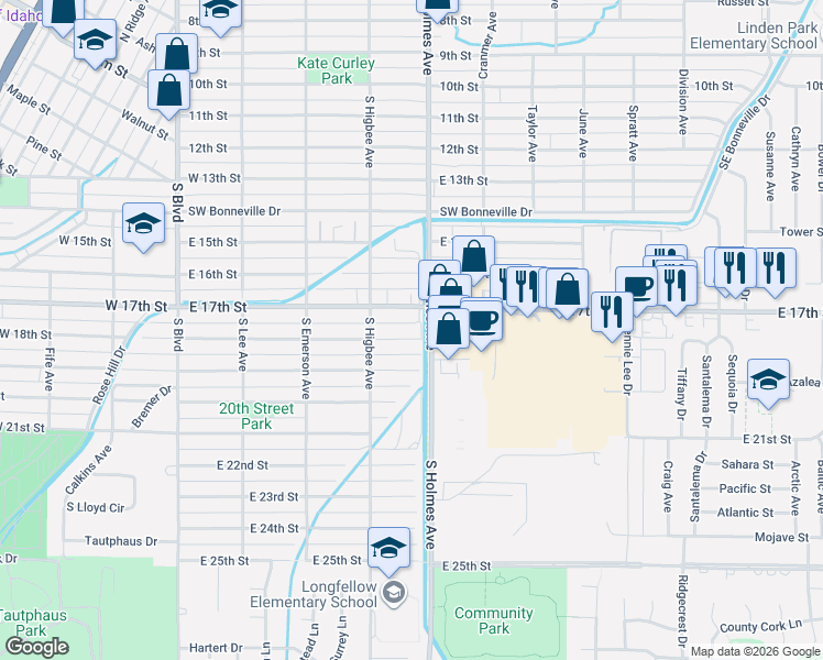 map of restaurants, bars, coffee shops, grocery stores, and more near 449 East 18th Street in Idaho Falls