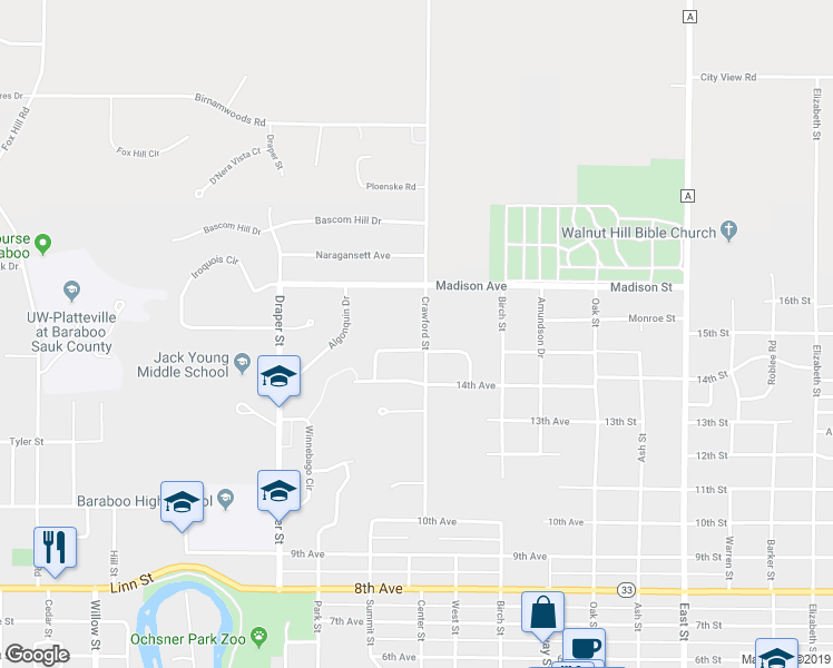 map of restaurants, bars, coffee shops, grocery stores, and more near 1707/1709 Crawford Street in Baraboo