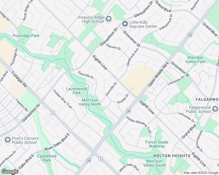 map of restaurants, bars, coffee shops, grocery stores, and more near 2033 Grenville Drive in Oakville