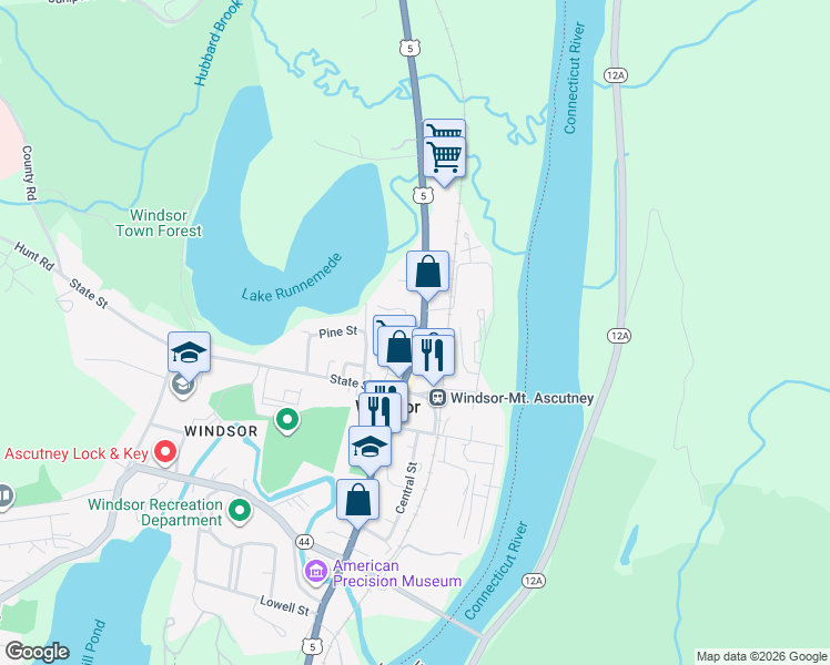 map of restaurants, bars, coffee shops, grocery stores, and more near 44 Main Street in Windsor