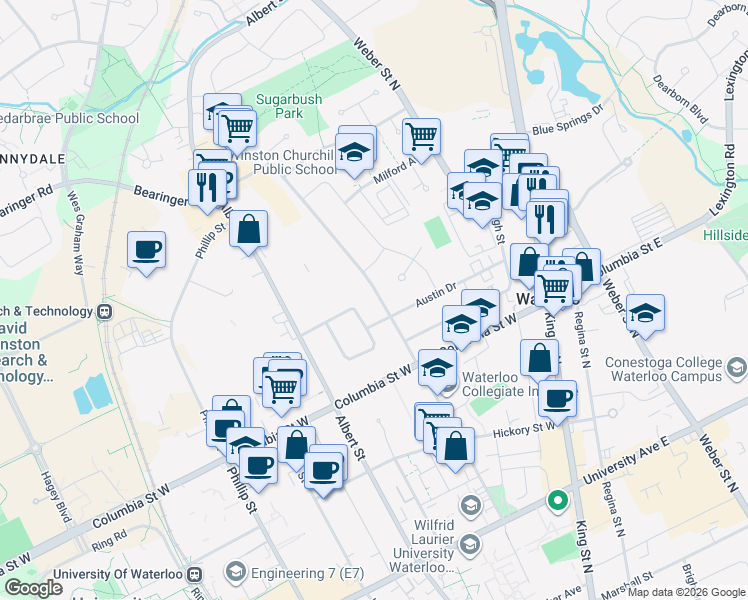 map of restaurants, bars, coffee shops, grocery stores, and more near 391 Hazel Street in Waterloo