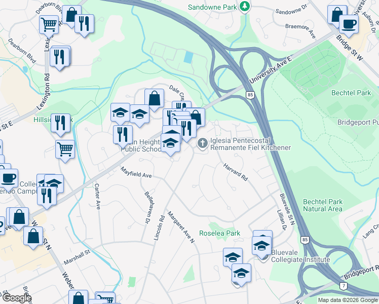map of restaurants, bars, coffee shops, grocery stores, and more near 290 Lincoln Road in Waterloo