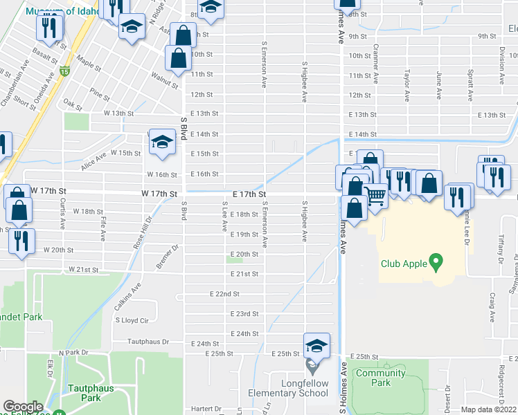 map of restaurants, bars, coffee shops, grocery stores, and more near 1754 South Emerson Avenue in Idaho Falls
