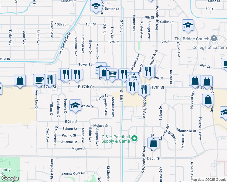 map of restaurants, bars, coffee shops, grocery stores, and more near 1420-1430 East 17th Street in Idaho Falls