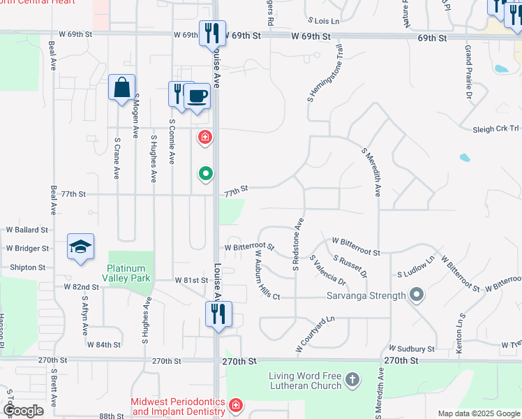 map of restaurants, bars, coffee shops, grocery stores, and more near 3198 West Miramar Circle in Sioux Falls