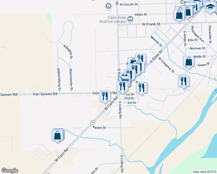 map of restaurants, bars, coffee shops, grocery stores, and more near 1556 Van Geisen Road in Caro