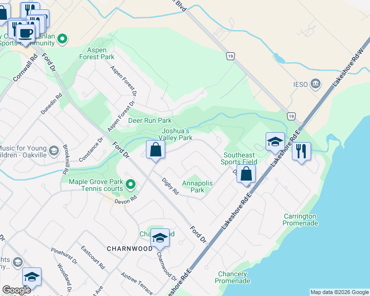 map of restaurants, bars, coffee shops, grocery stores, and more near 2304 Devon Road in Oakville