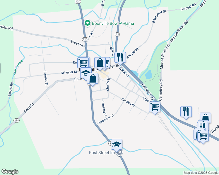 map of restaurants, bars, coffee shops, grocery stores, and more near 118 Church St in Boonville