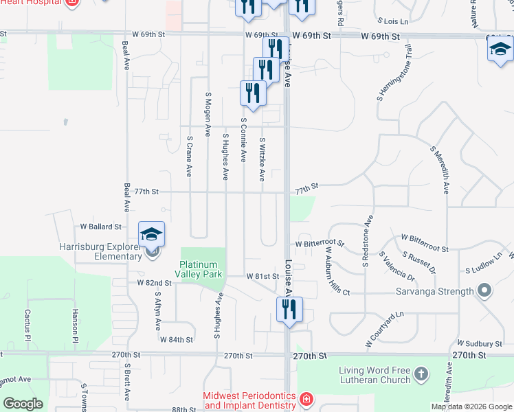 map of restaurants, bars, coffee shops, grocery stores, and more near 7015 Witzke Avenue in Sioux Falls