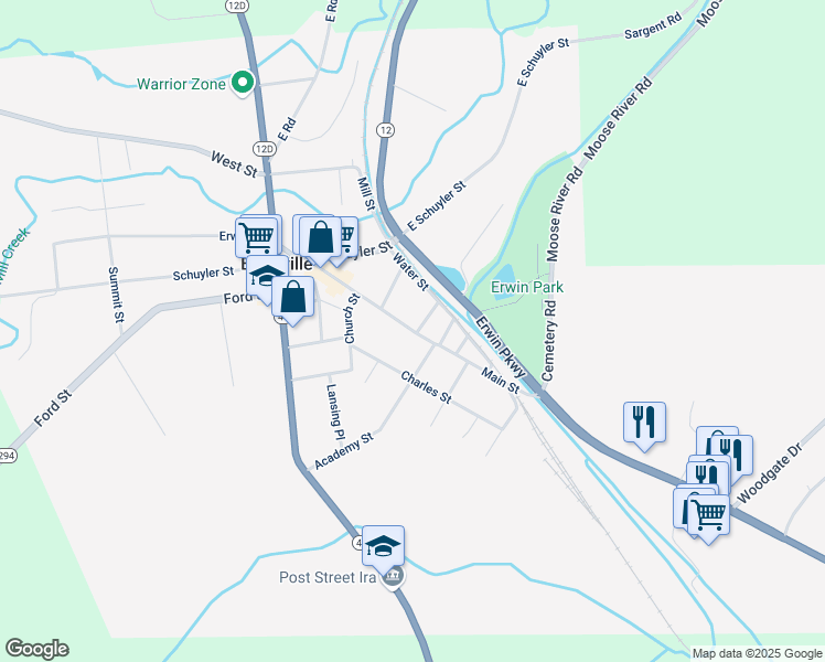 map of restaurants, bars, coffee shops, grocery stores, and more near 251 Main Street in Boonville