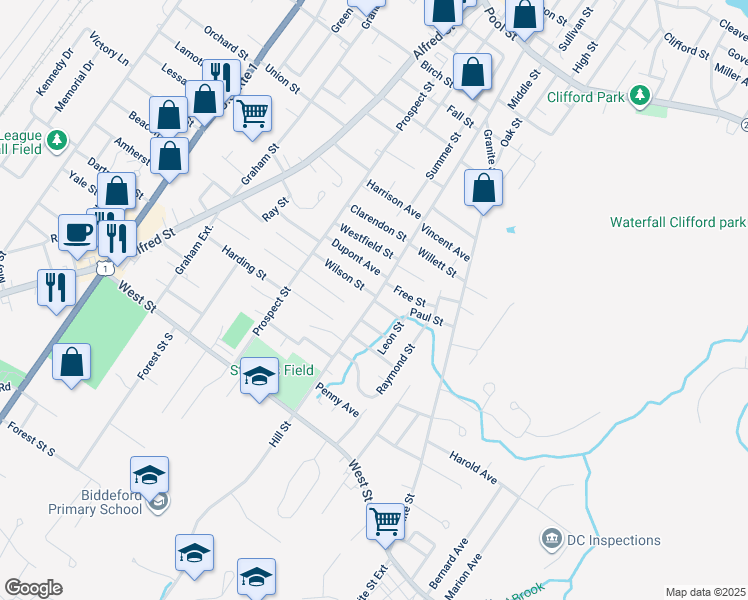 map of restaurants, bars, coffee shops, grocery stores, and more near 241 Hill Street in Biddeford