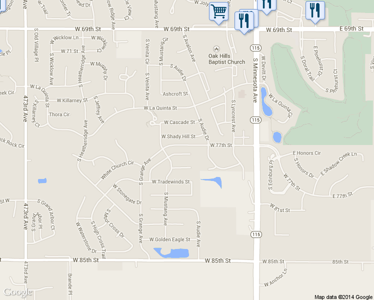 map of restaurants, bars, coffee shops, grocery stores, and more near 712 West Sterling Oak Circle in Sioux Falls