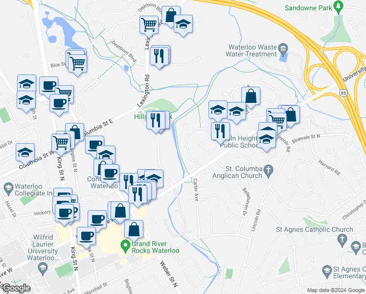 map of restaurants, bars, coffee shops, grocery stores, and more near 133 Macgregor Crescent in Waterloo