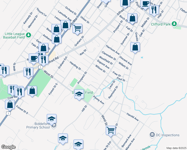map of restaurants, bars, coffee shops, grocery stores, and more near 9 Belmont Avenue in Biddeford