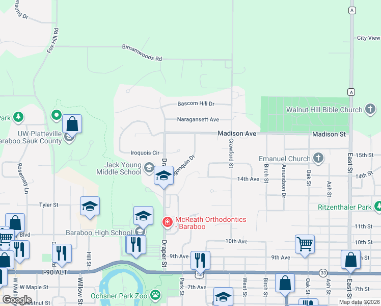map of restaurants, bars, coffee shops, grocery stores, and more near 1725 Algonquin Drive in Baraboo