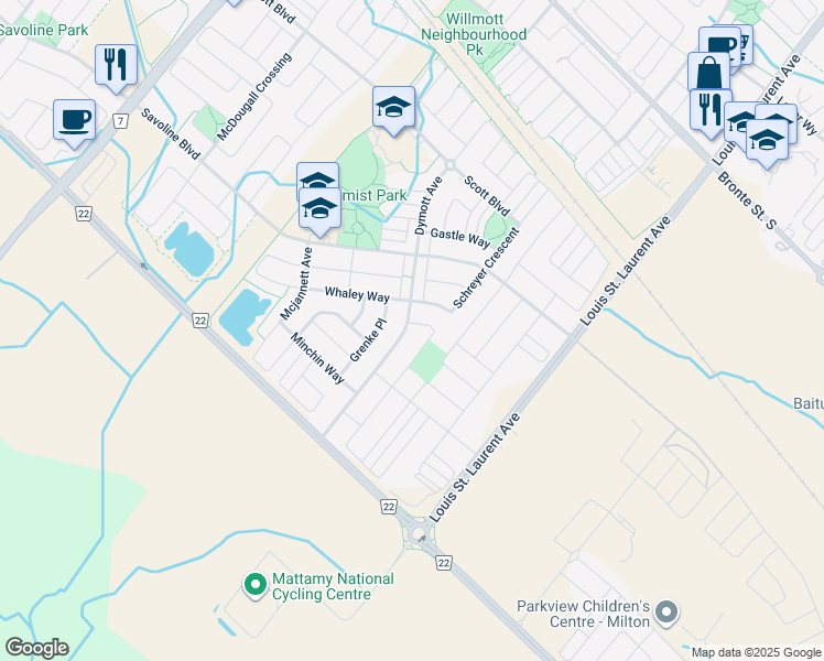 map of restaurants, bars, coffee shops, grocery stores, and more near 301 Nakerville Crescent in Milton