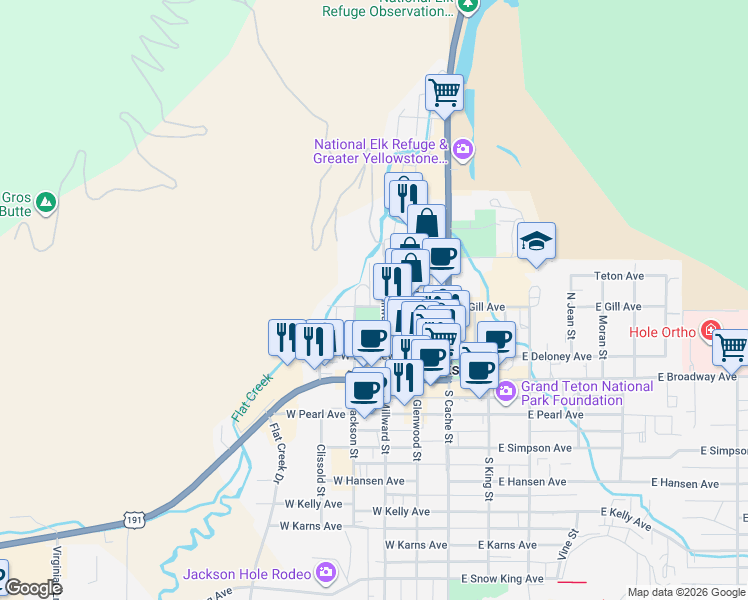 map of restaurants, bars, coffee shops, grocery stores, and more near 255 West Deloney Avenue in Jackson