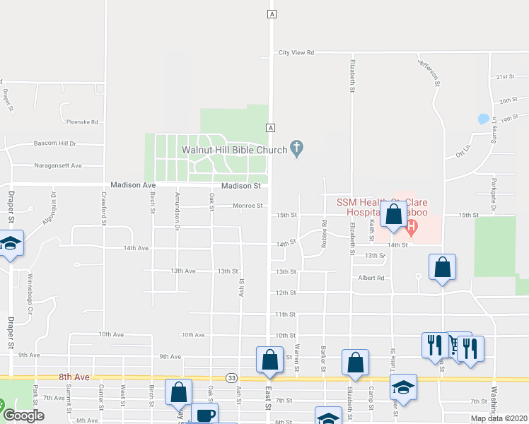 map of restaurants, bars, coffee shops, grocery stores, and more near 224 Monroe Street in Baraboo