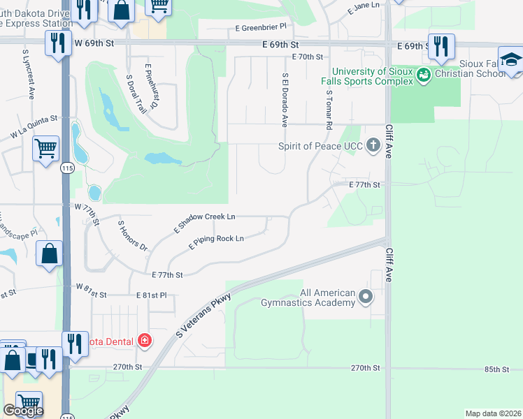 map of restaurants, bars, coffee shops, grocery stores, and more near 728 East Shadow Creek Lane in Sioux Falls