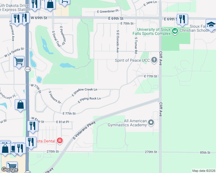 map of restaurants, bars, coffee shops, grocery stores, and more near 728 East Shadow Creek Lane in Sioux Falls