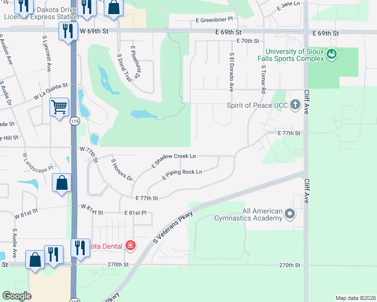 map of restaurants, bars, coffee shops, grocery stores, and more near 550-718 East Shadow Creek Lane in Sioux Falls