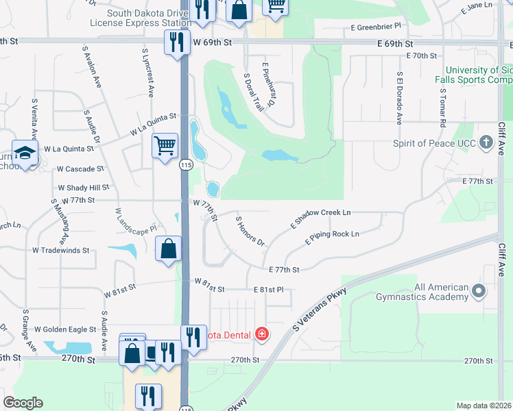 map of restaurants, bars, coffee shops, grocery stores, and more near 200 East Honors Circle in Sioux Falls