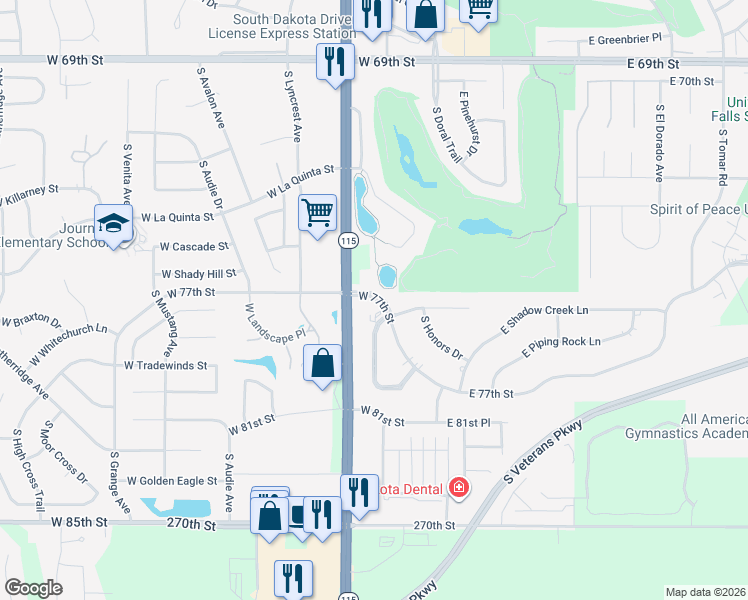 map of restaurants, bars, coffee shops, grocery stores, and more near 205 W 77th St in Sioux Falls