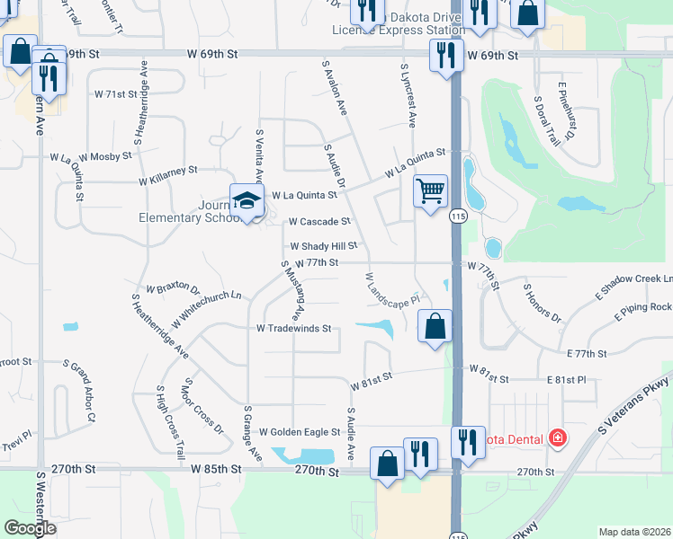 map of restaurants, bars, coffee shops, grocery stores, and more near 712 West Sterling Oak Circle in Sioux Falls