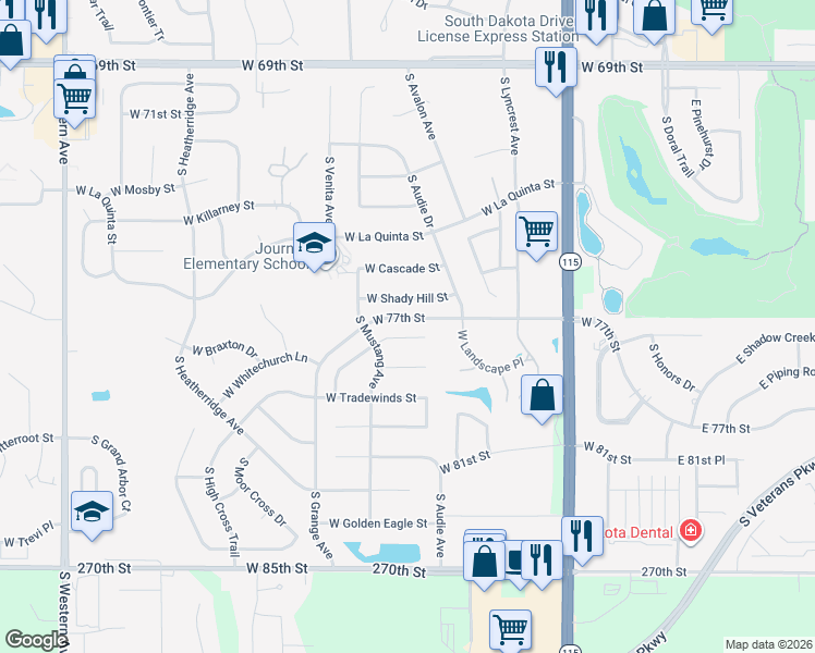 map of restaurants, bars, coffee shops, grocery stores, and more near 712 West Sterling Oak Circle in Sioux Falls