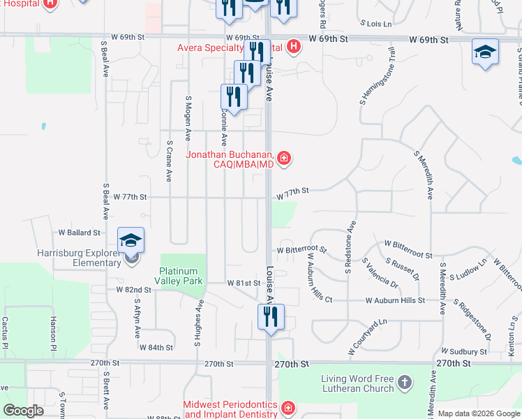 map of restaurants, bars, coffee shops, grocery stores, and more near 26940 South Louise Avenue in Sioux Falls