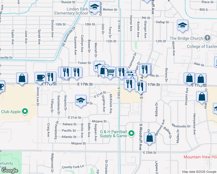 map of restaurants, bars, coffee shops, grocery stores, and more near 1420-1430 East 17th Street in Idaho Falls