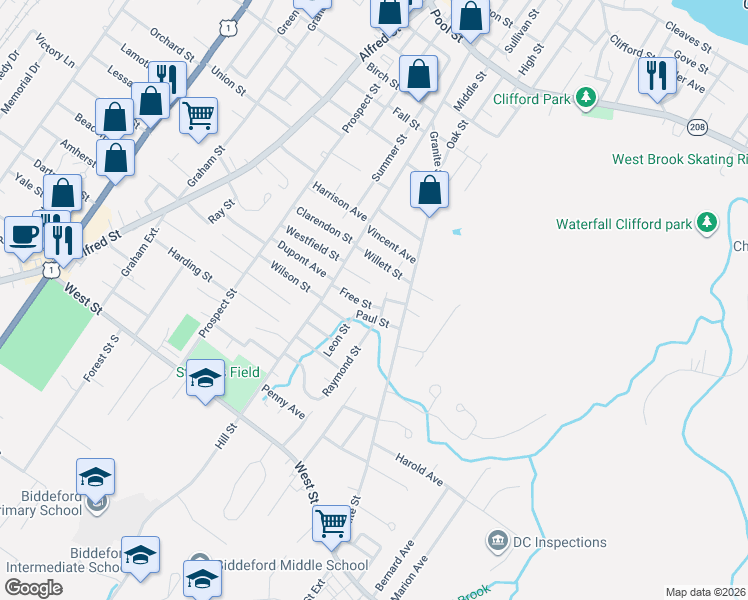 map of restaurants, bars, coffee shops, grocery stores, and more near 12 Free Street in Biddeford