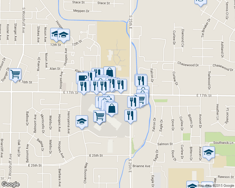 map of restaurants, bars, coffee shops, grocery stores, and more near 2391 East 17th Street in Idaho Falls