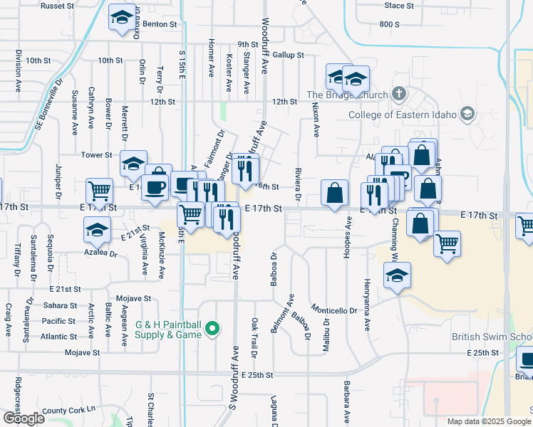 map of restaurants, bars, coffee shops, grocery stores, and more near 1740 East 17th Street in Idaho Falls