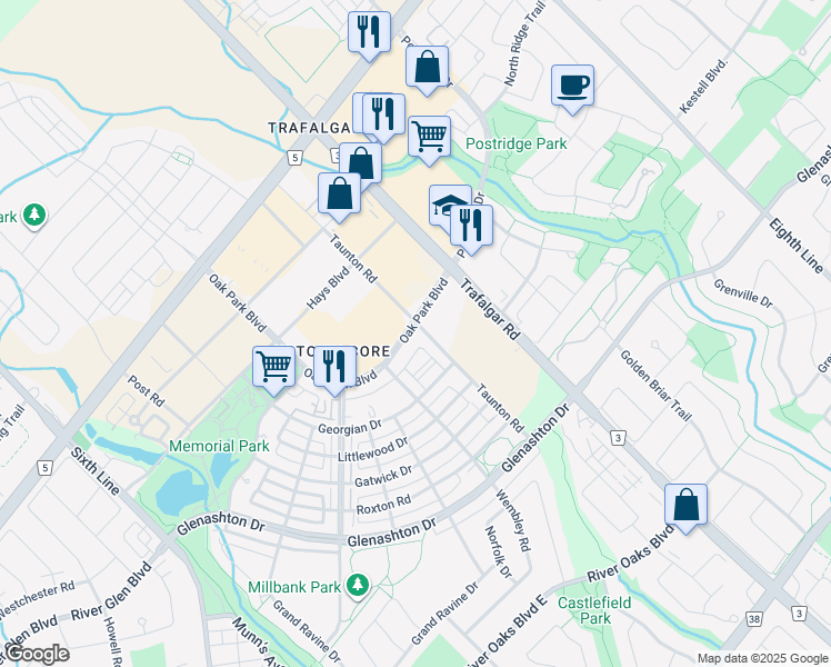 map of restaurants, bars, coffee shops, grocery stores, and more near 216 Oak Park Boulevard in Oakville