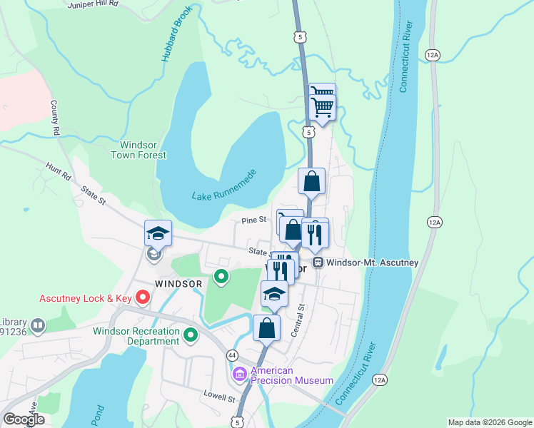 map of restaurants, bars, coffee shops, grocery stores, and more near 10 Pine Street in Windsor