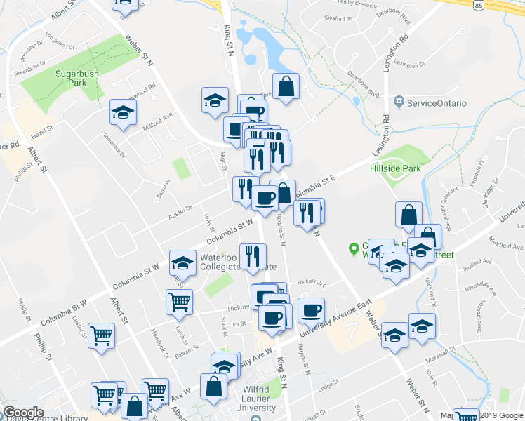 map of restaurants, bars, coffee shops, grocery stores, and more near 366 King Street North in Waterloo